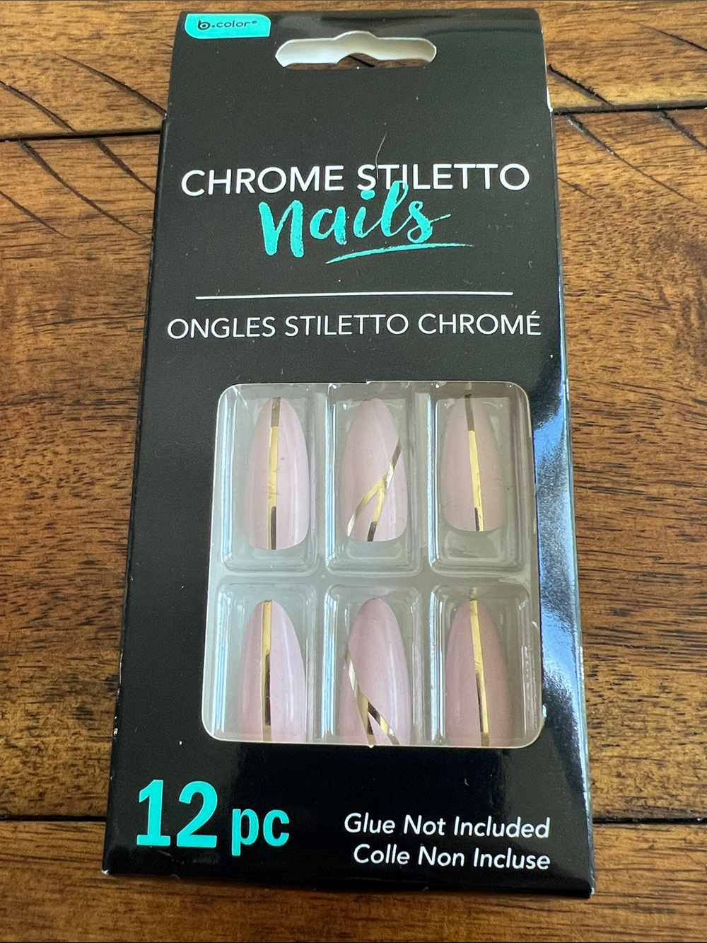 Chrome Stiletto Press-On Nails — Pink with Gold Accent (12 pc)